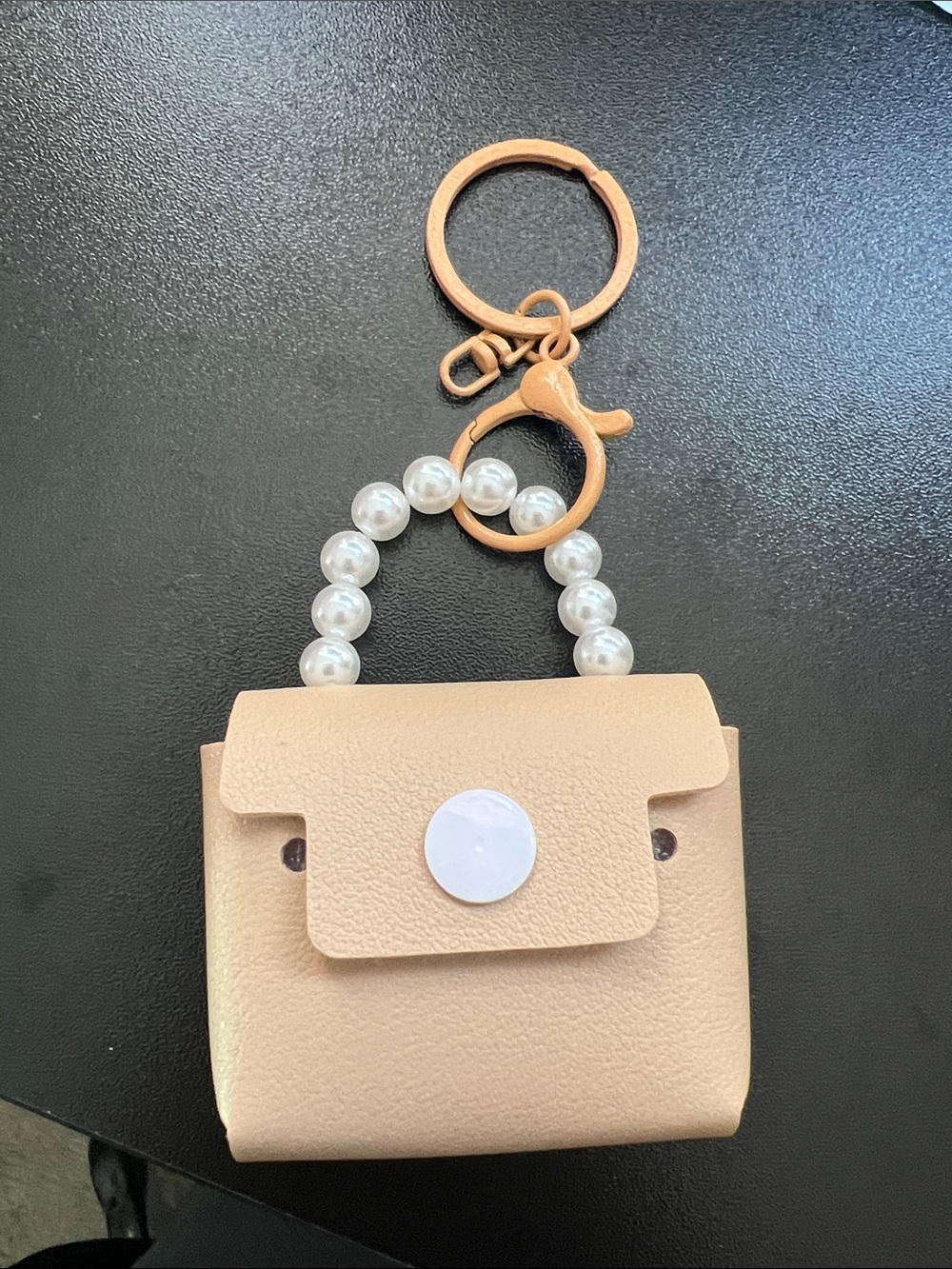 Pearl-Handle Mini Purse Keychain in Beige
